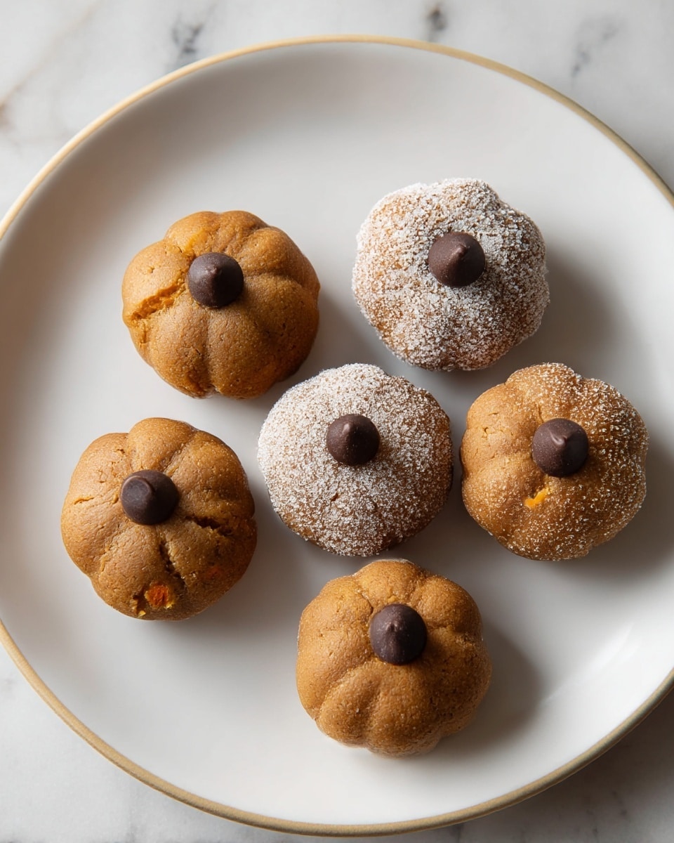 Five small pumpkin-shaped treats are arranged on a white plate with a blue rim, placed on a white marbled surface. Each treat is a single-layered, round ball of brown dough with vertical indents to resemble pumpkin ridges. Three of them have a light sugar coating that gives them a grainy texture, while the other two are smooth. Each treat has one dark brown chocolate chip placed in the center on top, acting like a pumpkin stem. Photo taken with an iphone --ar 4:5 --v 7