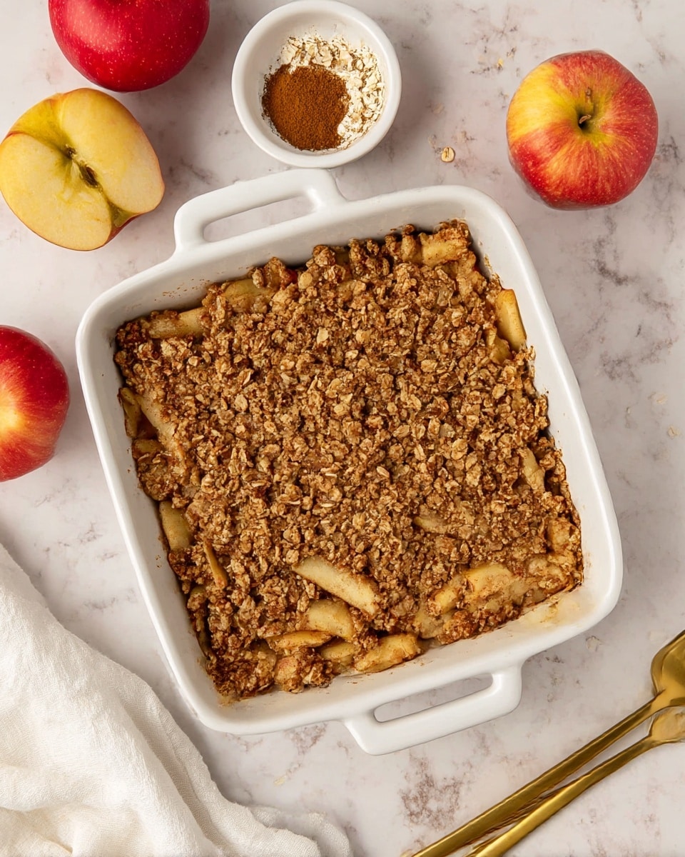 A square white ceramic dish holds a baked apple crisp with two visible layers: the bottom layer is made of golden brown apple slices coated with cinnamon, visible in some spots, and the top layer is a chunky, textured oat and brown sugar crumble, unevenly spread, showing bits of the apples beneath. The dish is placed on a white marbled surface surrounded by bright red and yellow apples to the top right, a small white scalloped bowl filled with ground cinnamon above, two gold forks at the upper left, and a light beige bowl of oats at the bottom right. A white textured cloth is partially visible at the lower left. Photo taken with an iphone --ar 4:5 --v 7