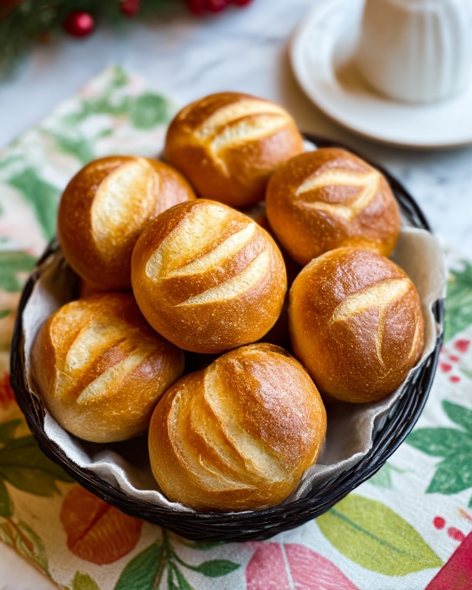 The image shows a black metal basket filled with twelve light golden brown bread rolls that have decorative grooves on top. The rolls are stacked closely together, with some overlapping. The basket sits on a white marbled textured table covered with a white cloth printed with pink, green, orange, and yellow floral designs. In the background, on the right, there is a stack of plain white plates and a small white container, all out of focus. Photo taken with an iphone --ar 4:5 --v 7