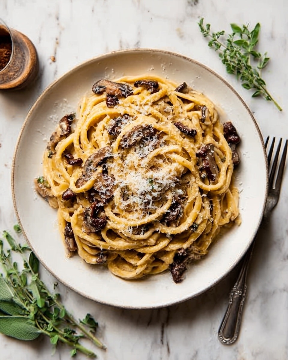 A white plate holds a serving of creamy pasta with thick, ribbon-like noodles coated in a light, beige sauce. Scattered on top are small, dark brown mushroom pieces adding texture, with a sprinkle of grated cheese lightly dusted over the dish. The plate sits on a white marbled surface, with a silver fork placed on the right side near the edge. A few green mint leaves rest nearby, adding a fresh touch to the scene. photo taken with an iphone --ar 4:5 --v 7