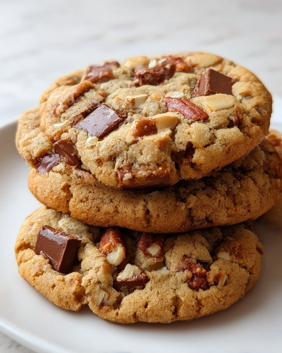 The image shows three golden brown cookies stacked on a white square plate with a white marbled surface underneath. The cookies are thick and soft-looking with a slightly cracked texture on top. Large chunks of milk chocolate, bits of pecans, and some white nut pieces are scattered generously throughout each cookie, adding a mix of smooth, crunchy, and chewy textures. The edges of the cookies are slightly darker and crispier, while the center looks moist and chewy. photo taken with an iphone --ar 4:5 --v 7