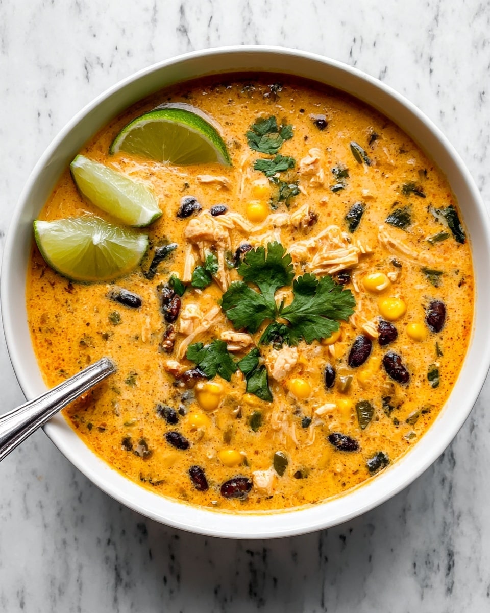 A white bowl filled with creamy orange soup that has visible pieces of shredded chicken, black beans, green vegetable chunks, and yellow corn kernels mixed throughout. On top, there are bright green cilantro leaves placed in the center and two lime wedges resting near the edge. A silver spoon is partially inside the bowl on the left side. The bowl is set on a white marbled surface. photo taken with an iphone --ar 4:5 --v 7