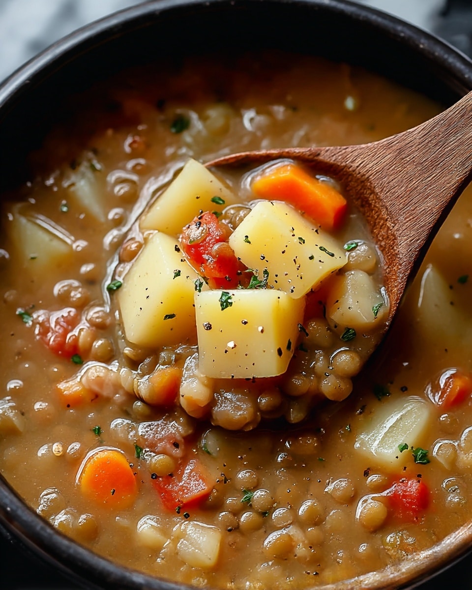 A close-up view of a bowl filled with chunky vegetable lentil soup. The soup shows at least four main layers: large cream and pale yellow potato cubes scattered evenly, orange carrot pieces, small light brown lentils, and finely chopped green herbs sprinkled on top. The soup broth is light brown with a slightly oily surface and visible black pepper bits. A wooden spoon scoops some of the soup, partly immersed in the bowl, which is dark on the outside. The whole scene is set on a white marbled surface. photo taken with an iphone --ar 4:5 --v 7