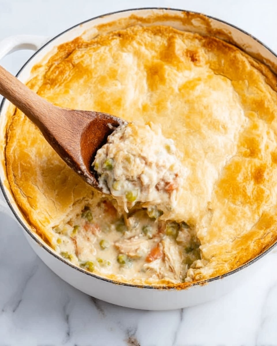 The image shows a white round baking dish filled with a golden-brown pie with a smooth, baked crust on top. One slice has been cut and a wooden spoon is scooping out a portion of the pie, revealing a creamy inside with visible pieces of chicken and small bits of orange and green vegetables. The crust is slightly flaky, covering the creamy filling, and the dish sits on a white marbled surface. Photo taken with an iphone --ar 4:5 --v 7