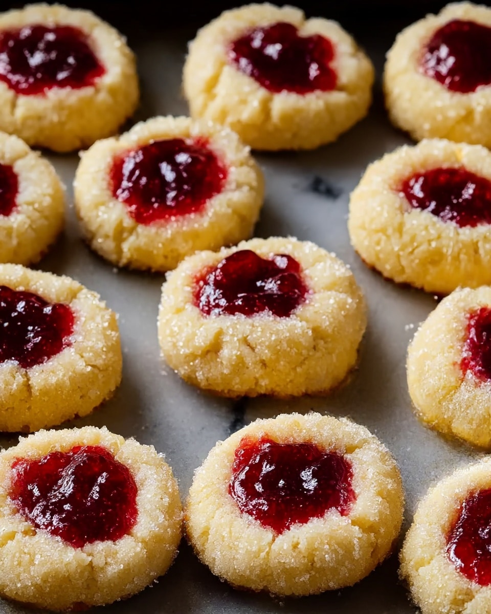 The image shows a close-up of twelve round thumbprint cookies arranged in rows on a baking sheet. Each cookie has a light golden-yellow base with a rough, crumbly texture, and a deep red glossy jam filling in a small well at the center. The cookies are soft and slightly cracked around the edges of the jam, with a sprinkle of fine sugar crystals giving them a slight sparkle. The background is a white marbled surface. photo taken with an iphone --ar 4:5 --v 7
