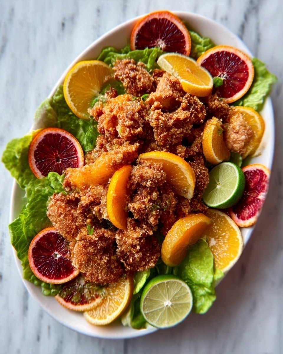 The dish shows a white plate with a large green leaf base, topped with crispy golden-brown fried pieces piled in the center. Underneath the fried pieces, thin slices of citrus fruits in orange, yellow, green, and deep red with a glossy texture are arranged in a circular pattern around the plate's center. The background has a white marbled texture. The colors are warm and vibrant, contrasting the bright citrus tones with the crunchy fried pieces. Photo taken with an iphone --ar 4:5 --v 7
