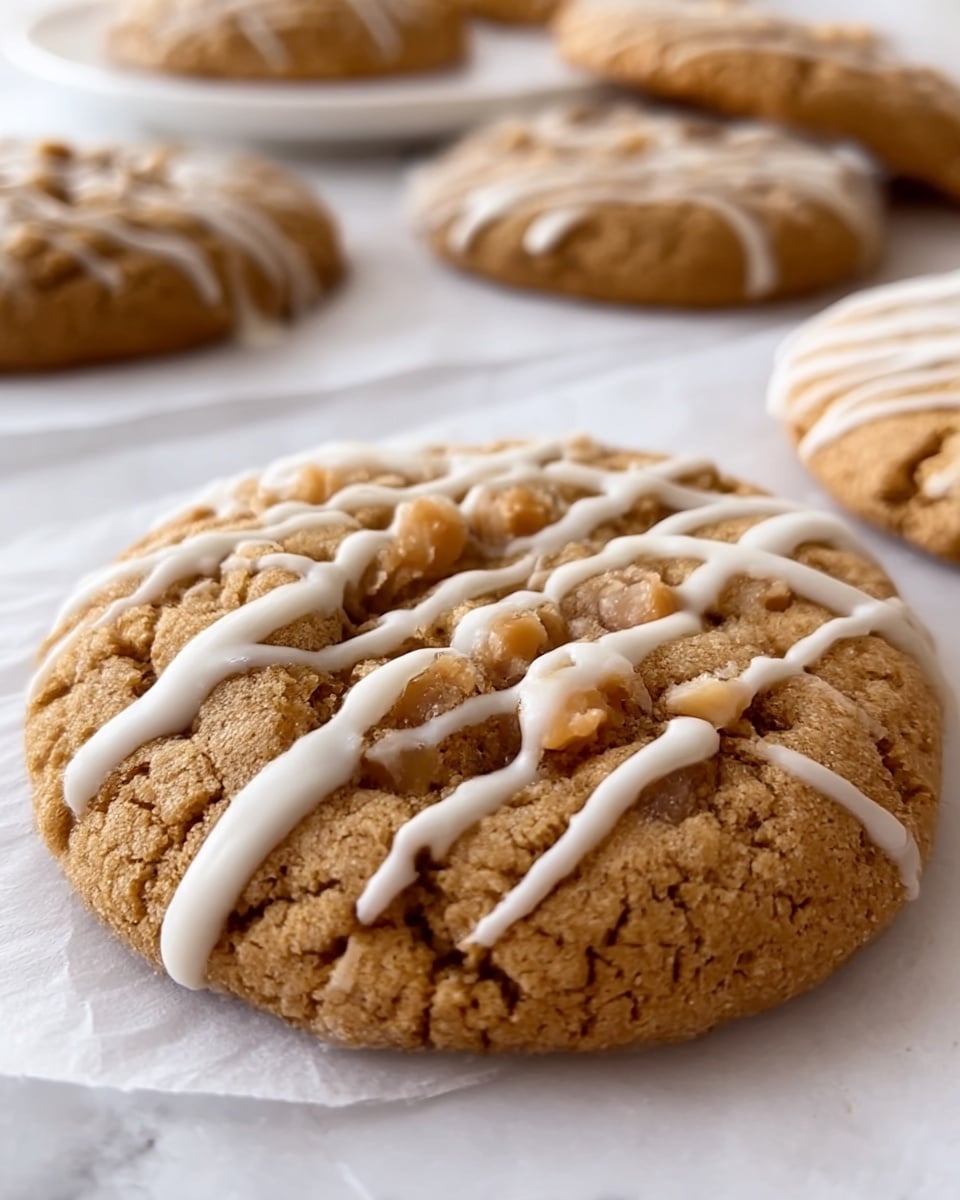 The image shows a close-up of large, soft cookies placed on a sheet of parchment paper on a white marbled surface. Each cookie is golden brown with a slightly cracked texture, and the tops are decorated with a thin drizzle of glossy white icing in wavy lines. The cookies look thick and chewy with a crumbly yet moist surface. In the background, there are more cookies on white plates, slightly out of focus, adding depth to the scene. photo taken with an iphone --ar 4:5 --v 7