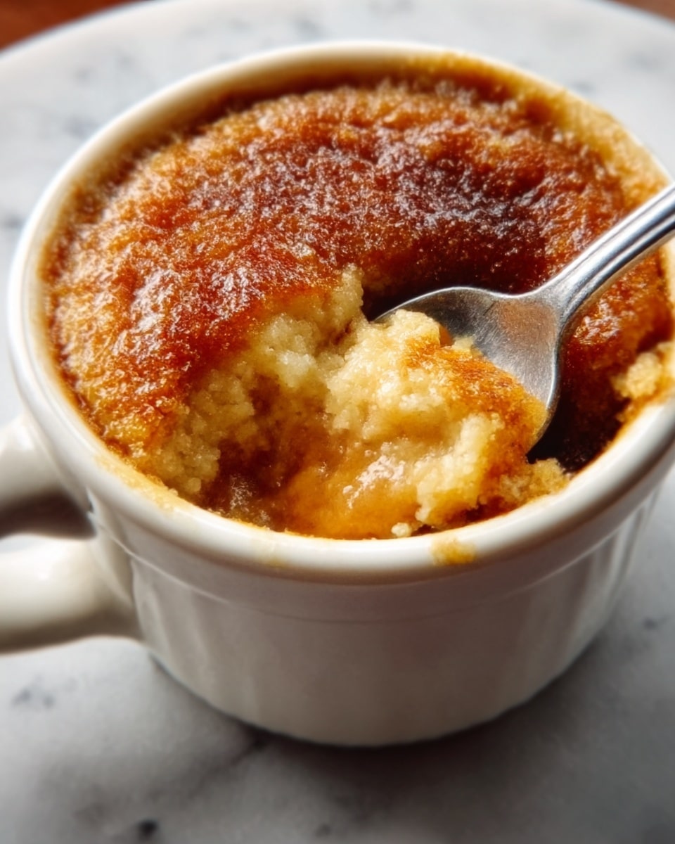 A close-up image of a single-serving soft cake in a white ceramic mug, filled with a golden brown crumbly top layer with uneven texture and bits of darker brown spots, suggesting a baked cinnamon sugar topping. A silver spoon is scooping out a portion from the side, showing a moist, light yellow inner layer. The mug is placed on a white marbled surface. Photo taken with an iphone --ar 4:5 --v 7