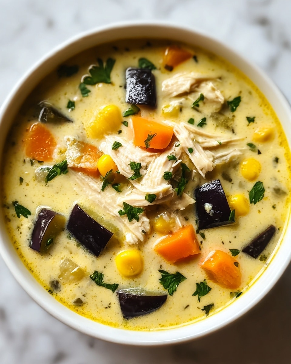 A white bowl filled with creamy chicken soup that has about three visible layers; the creamy yellow broth forms the base layer, mixed with small pieces of shredded white chicken on the second layer. The third layer consists of visible chunks of orange carrot, yellow corn, dark purple eggplant, and green herbs on top, with scattered small green leaf garnishes floating throughout. The background is a white marbled texture. Photo taken with an iphone --ar 4:5 --v 7