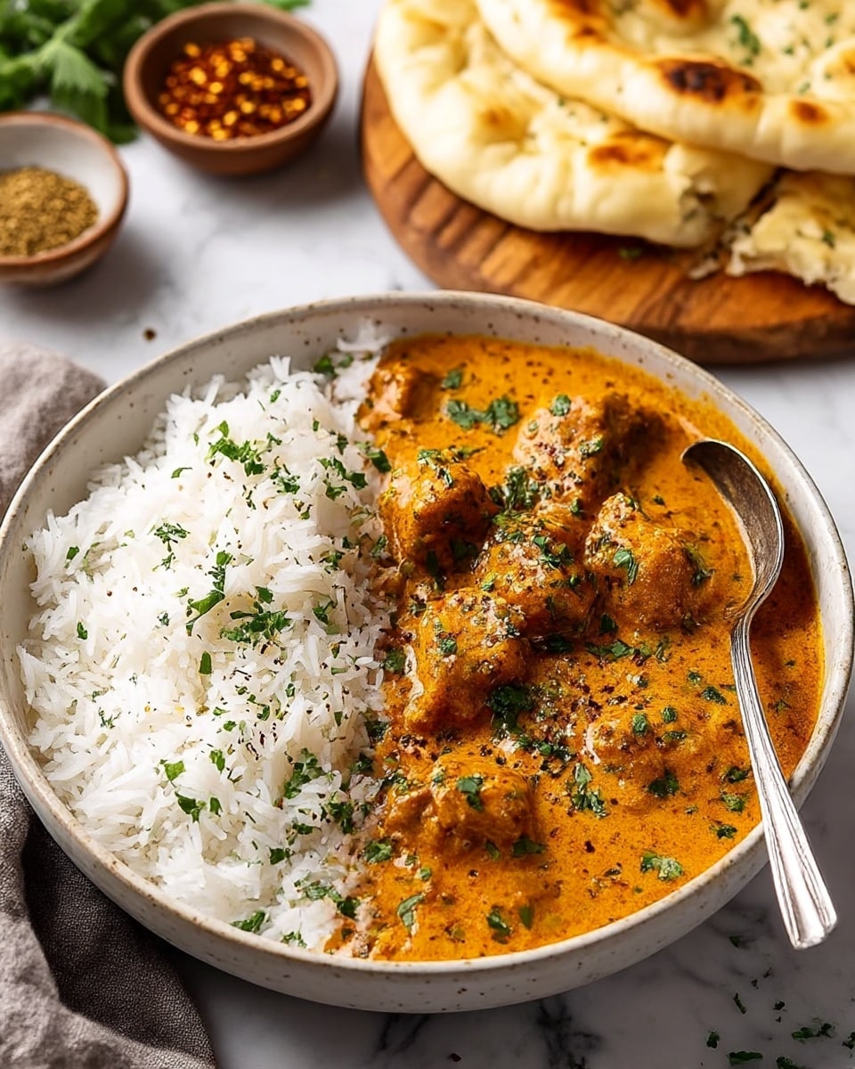 A round speckled bowl holds two main layers: one half is white fluffy rice with a sprig of fresh green cilantro on top, and the other half is covered with a thick orange curry sauce dotted with chunks of tender chicken pieces. Bright green chopped herbs are sprinkled over the curry, adding contrast to the creamy texture. A silver spoon rests in the curry side of the bowl. In the background, there are soft golden naan breads on a wooden board and small bowls with green herbs and spices, all placed on a white marbled surface. Photo taken with an iphone --ar 4:5 --v 7
