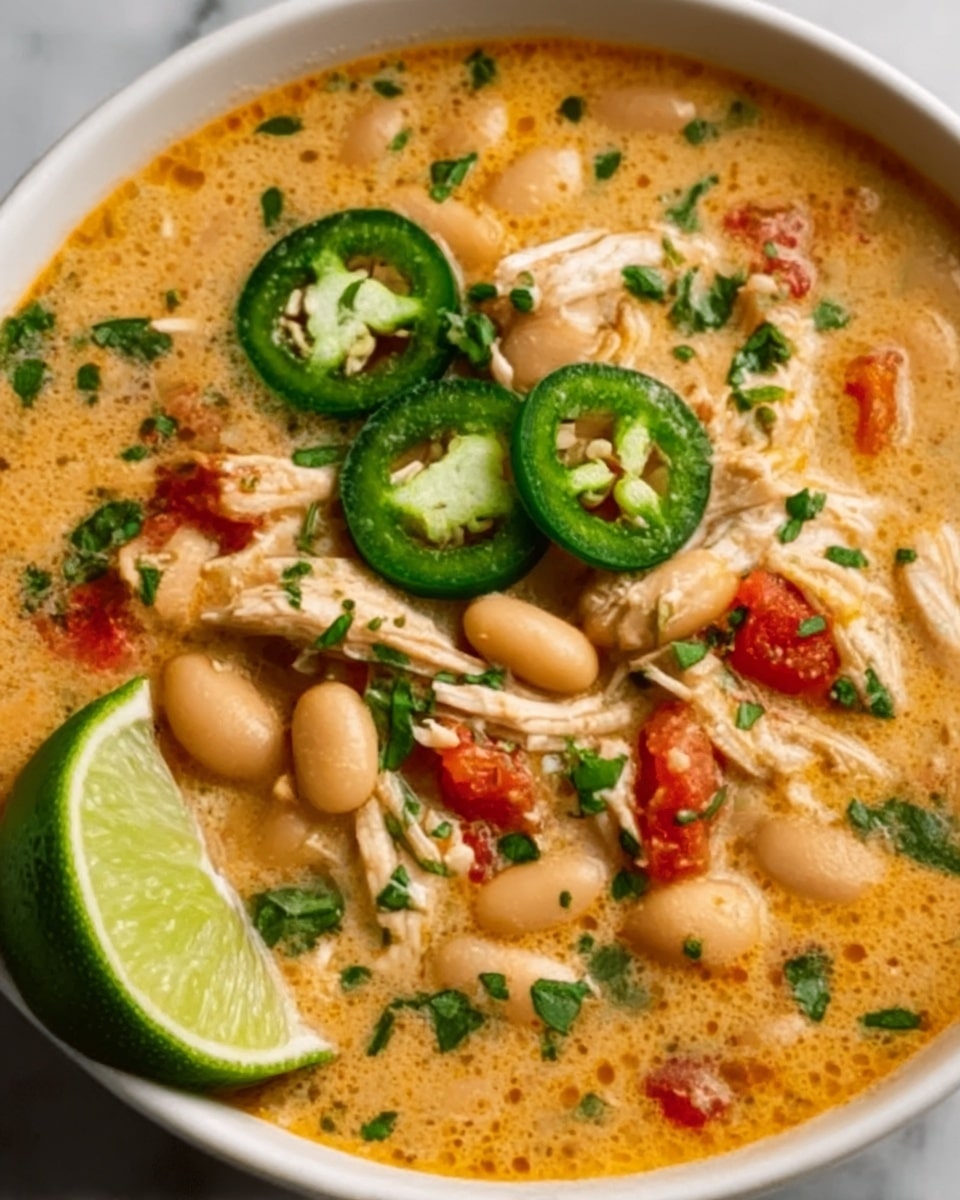 The image shows a bowl filled with a rich, creamy soup with layers of ingredients visible. The base layer is a smooth, creamy orange broth with chunks of white beans floating throughout. On top, shredded pieces of chicken are spread evenly, mixed with small green herbs and chopped cilantro. There are slices of fresh green jalapeño peppers placed near the center along with a bright green lime wedge resting on the soup’s edge. The bowl is white and sits on a white marbled surface, with some red tomato pieces and a slight drizzle of oil adding a glossy texture to the soup’s surface. Photo taken with an iphone --ar 4:5 --v 7