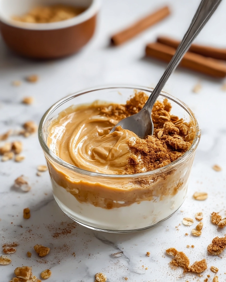 A clear glass bowl filled with three visible layers: a bottom layer of creamy white yogurt, a middle layer swirled with smooth, light brown peanut butter, and a top layer covered with a mixture of crushed granola and cinnamon powder in shades of brown. A metal spoon stands inside the bowl, partially dipping into the yogurt and peanut butter swirl. The bowl sits on a white marbled surface with scattered granola pieces and a blurred brown bowl and cinnamon sticks in the background. photo taken with an iphone --ar 4:5 --v 7