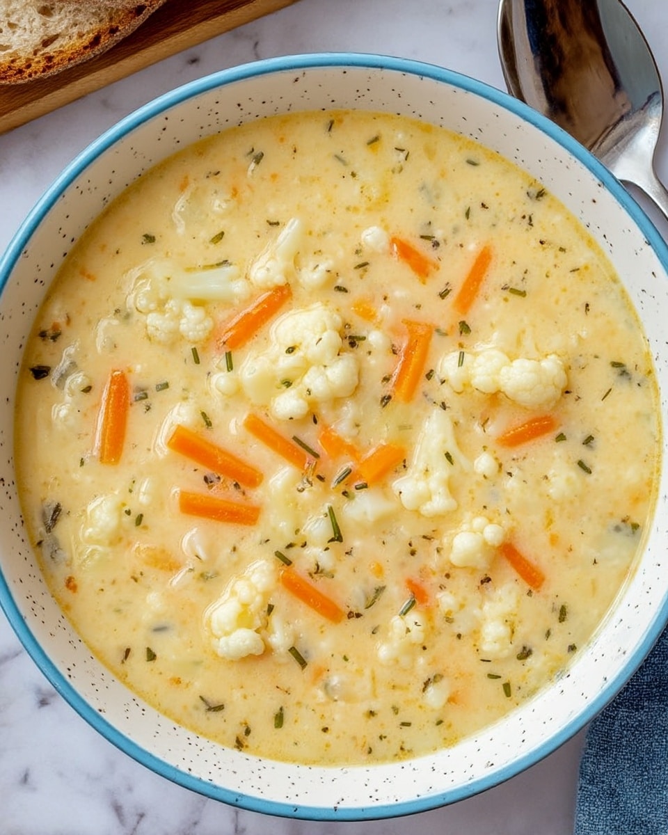 A top view of a bowl filled with creamy soup that has small white cauliflower pieces and thin orange carrot strips scattered inside a thick pale yellow broth textured with small green herbs, the soup fills the bowl fully, and the bowl itself is white with a light blue rim speckled with darker spots. A white marbled surface is partly visible under the bowl, with a silver spoon resting nearby and a piece of bread at the top edge of the frame, photo taken with an iphone --ar 4:5 --v 7
