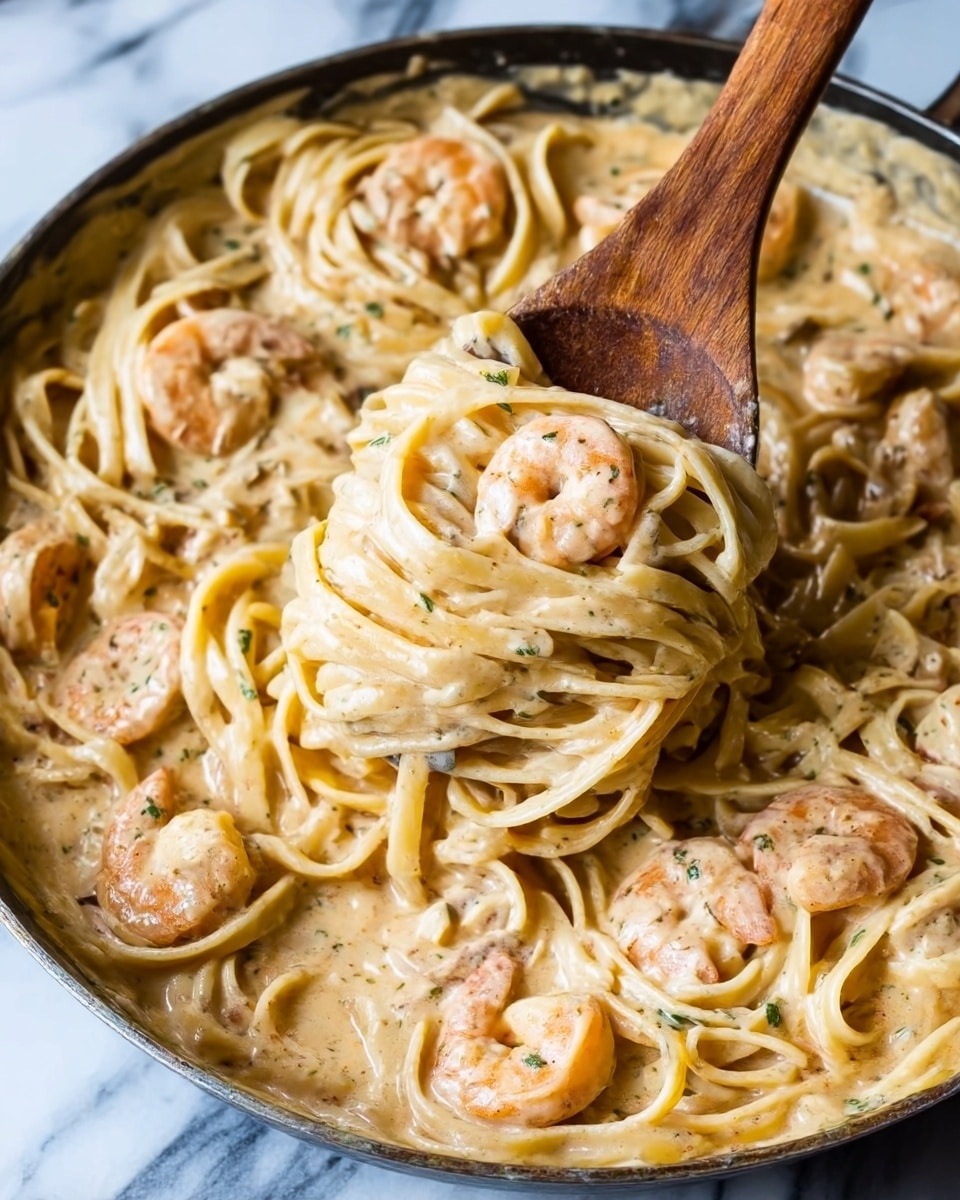 A skillet filled with creamy pasta and shrimp is shown, with a wooden spoon lifting some of the dish. The pasta is long and thick, coated in a light beige creamy sauce with specks of herbs and spices. The shrimp are pink and curled, mixed evenly throughout the sauce and pasta. The skillet rim appears dark and slightly worn. The background is a white marbled texture. Photo taken with an iphone --ar 4:5 --v 7
