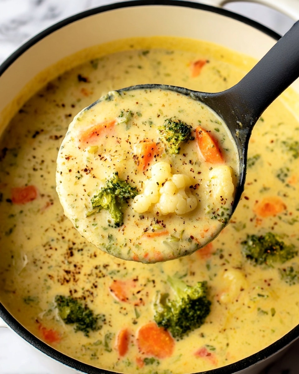 The image shows a thick creamy soup in a white pot with a black rim. The soup has chunks of green broccoli florets, orange carrot slices, and small pieces of white cauliflower, all mixed in a rich yellowish cheese sauce. A black ladle lifts a scoop of the soup, showing the same colorful vegetable pieces and creamy texture, with specks of black pepper sprinkled on the surface of the soup. The background is a white marbled texture. Photo taken with an iphone --ar 4:5 --v 7