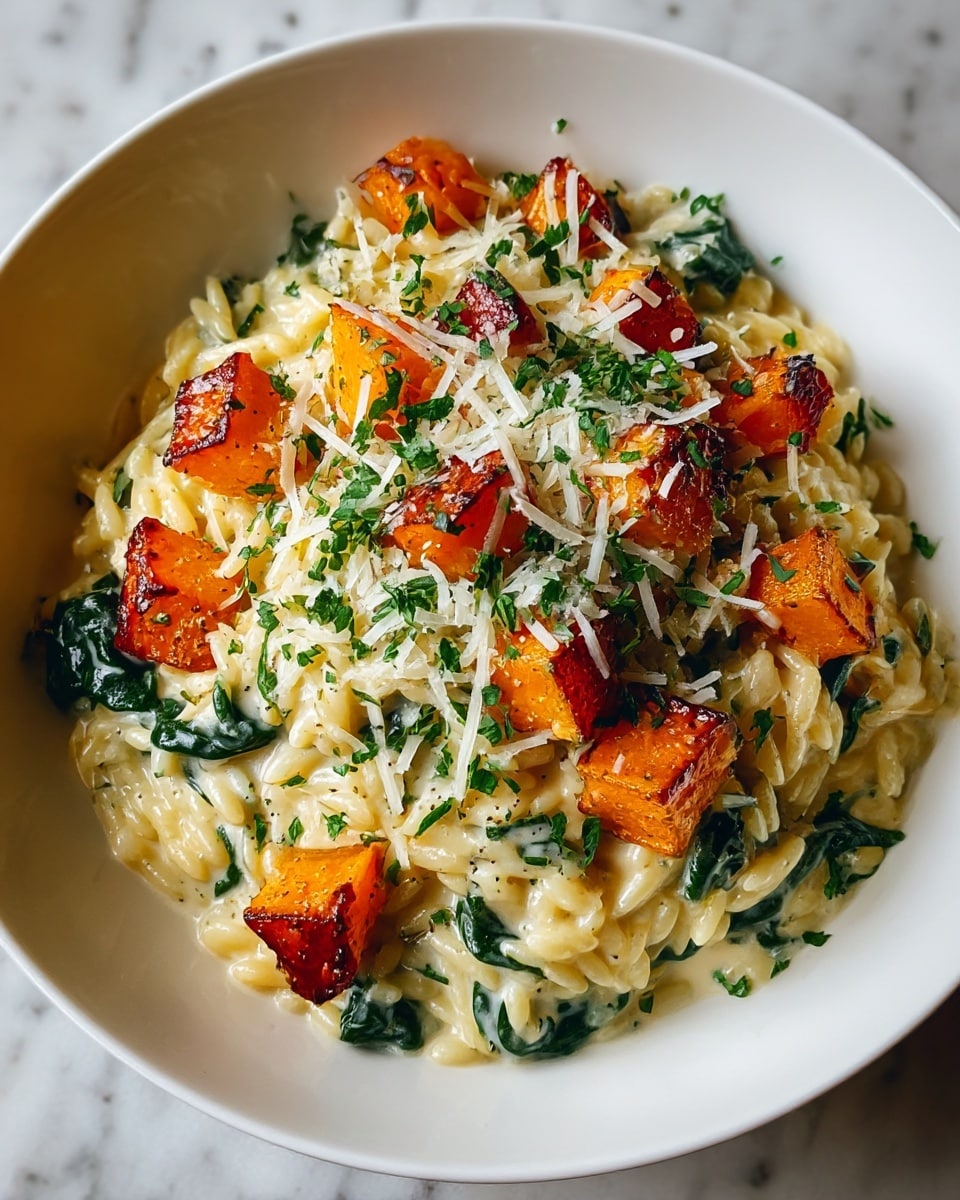 A white bowl holds a creamy orzo dish with three visible layers: the bottom layer is a smooth, rich cream sauce stirring the orzo pasta, which is pale yellow and soft in texture; the middle layer has bright green spinach leaves mixed evenly throughout; the top layer consists of roasted, golden-brown cubes of butternut squash with slightly charred edges scattered over the orzo, sprinkled with finely grated white cheese and chopped green herbs, all resting on a white marbled surface. photo taken with an iphone --ar 4:5 --v 7