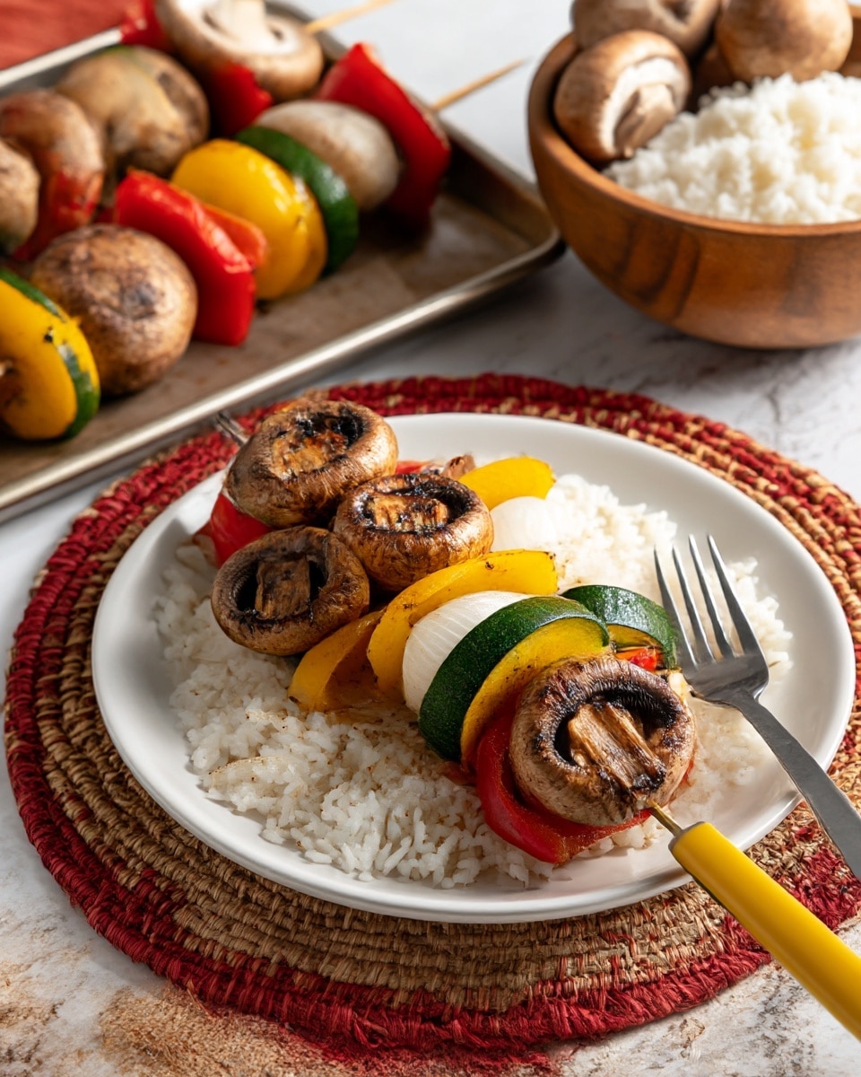 A white plate holds a layered dish starting with a base of white rice. On top of the rice, there is a layer of grilled vegetables including slices of yellow, green, and red bell peppers, along with pieces of white onion. The top layer consists of several grilled brown mushrooms with visible char marks, placed around and on top of the vegetables. A fork with a yellow handle rests on the edge of the plate. In the background, there are skewers threaded with similar grilled vegetables and mushrooms on a tray, a bowl of white rice, and a wooden bowl filled with whole raw mushrooms. The scene is set on a white marbled textured surface with a red and beige woven placemat underneath the plate. Photo taken with an iphone --ar 4:5 --v 7