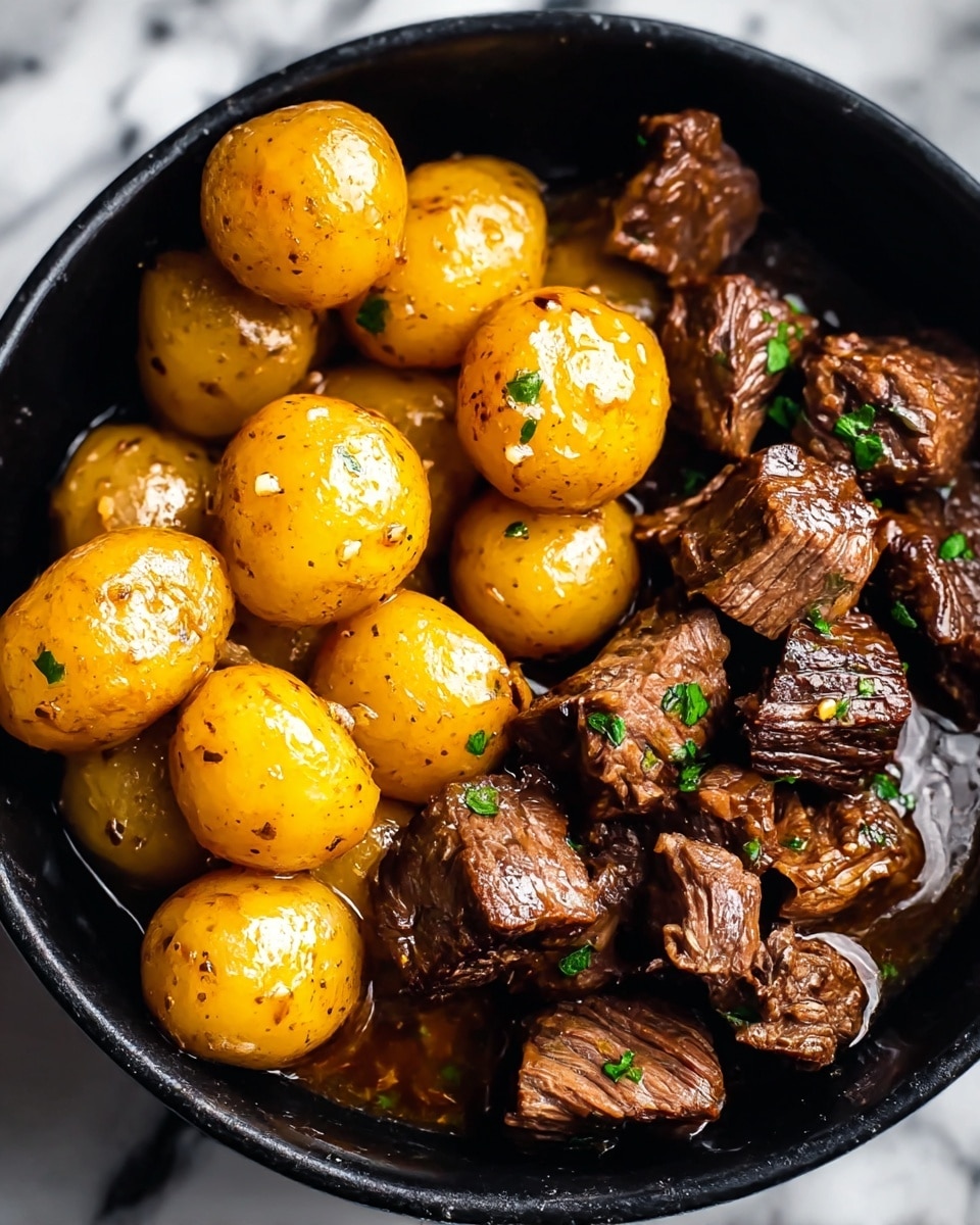 The image shows a close-up of a dish in a black pot, with two main layers: on one side, there are smooth, shiny, golden-yellow baby potatoes seasoned with herbs and spices, appearing tender and slightly glossy with a light coating of sauce; on the other side, there are chunky pieces of browned beef with a textured surface, garnished lightly with small bits of green herbs, sitting in a dark, rich sauce that pools at the bottom, giving a moist and savory look. The contrast between the yellow potatoes and the deep brown beef pieces creates a warm and hearty appearance. Photo taken with an iphone --ar 4:5 --v 7