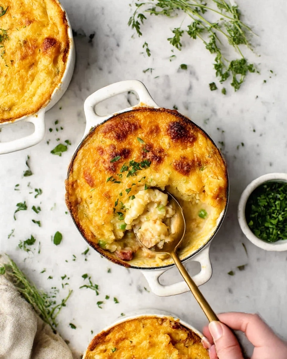 The image shows a golden baked dish in a white round casserole dish with two handles, placed on a white marbled surface. The dish has a crispy top layer of melted cheese with some browned spots, and one portion is scooped out, revealing creamy, cheesy layers underneath with visible chunks of vegetables or meat mixed in. A brass spoon is resting in the casserole, slightly lifting the scooped portion. Surrounding the main dish are parts of two similar white casseroles with the same golden top layer, a small white bowl filled with chopped green herbs, and green herbs scattered on the surface. A woman's hand is gently holding the spoon. Photo taken with an iphone --ar 4:5 --v 7