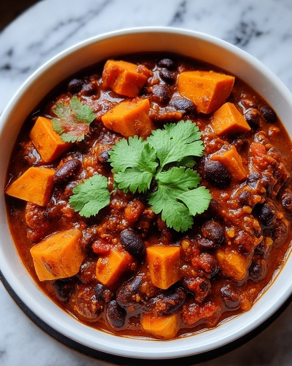 A white bowl filled with thick chili showing two layers: an orange layer of cubed sweet potatoes and a dark layer of black beans mixed with a rich, chunky red sauce with visible bits of tomato and spices. Two green cilantro leaves sit on top in the middle for garnish. The bowl rests on a white marbled surface. Photo taken with an iphone --ar 4:5 --v 7
