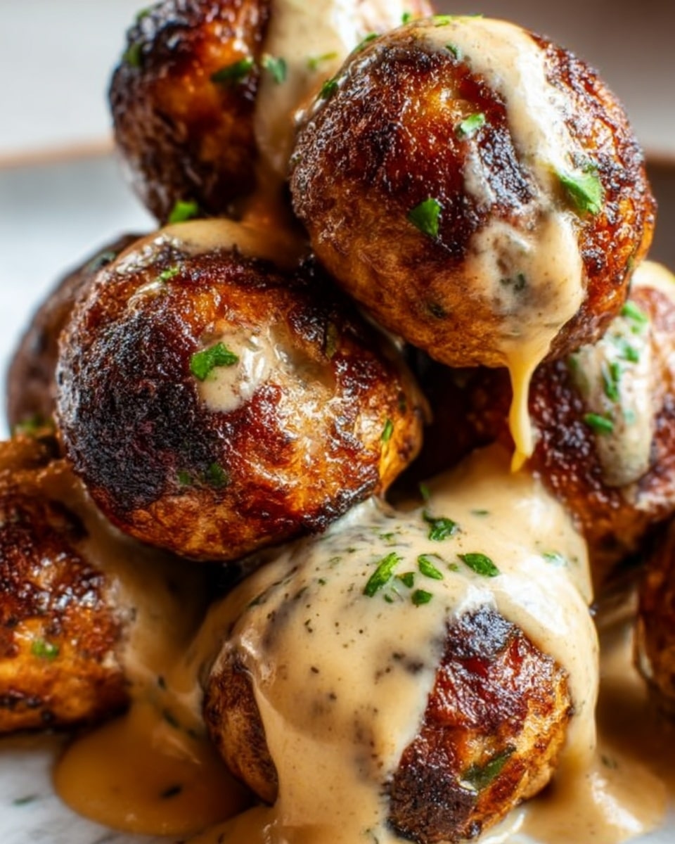 A close-up image shows several grilled meatballs stacked together, each covered with a thick, creamy beige sauce that drips down the sides. The meatballs have a dark, crispy outer layer with charred spots, and bits of green herbs are sprinkled on top for color contrast. The background is a white marbled texture, adding a clean and bright feel to the image. The sauce has a smooth texture, and the meatballs’ surface looks rough and juicy from the grill. Photo taken with an iphone --ar 4:5 --v 7