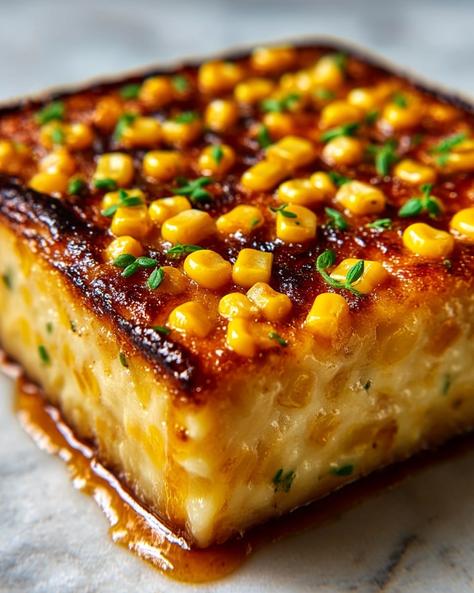 A thick square piece of corn pudding sits on a white marbled surface, showing two distinct layers: the bottom layer is a soft, moist yellow and white corn mixture with visible corn kernels embedded throughout, while the top layer is a golden brown, caramelized crust dotted with bright yellow corn kernels and sprinkled finely with green herbs. The crust looks slightly sticky and shiny, with some drips of syrupy glaze running down the sides, adding a glossy texture that contrasts with the soft inside. photo taken with an iphone --ar 4:5 --v 7
