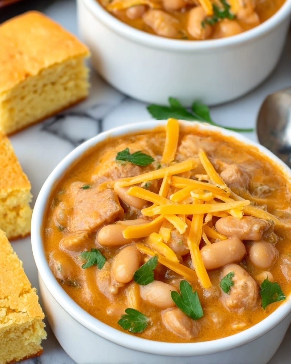 A close-up view of two white round pots filled with a thick stew, showing about two layers: the base layer is a creamy orange sauce with chunks of soft, light brown meat and plump white beans, and the top layer is scattered yellow shredded cheese and bright green parsley leaves. Around the pots, there is a square piece of cornbread on the left side, resting on a white marbled surface, and the background is slightly blurred giving focus to the stew in the pots. Photo taken with an iphone --ar 4:5 --v 7