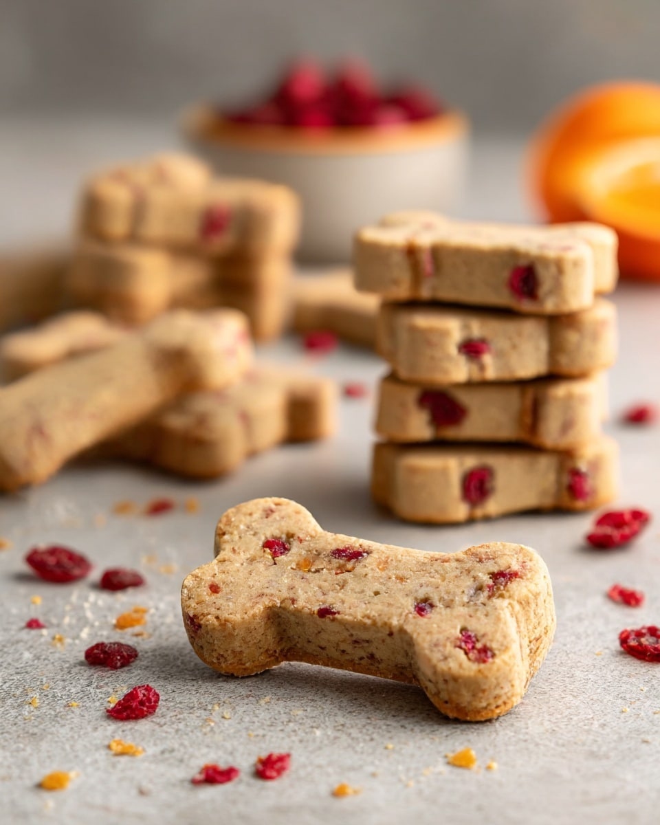 The image shows several light brown dog-bone shaped cookies with small red and orange pieces inside, stacked in two piles on a white marbled surface. The front pile has three cookies stacked and the second pile behind it has about five cookies. One cookie lies flat on the surface in the foreground, showing its thickness and soft, crumbly texture with visible red pieces inside. A beige bowl filled with red berries and an orange fruit are placed blurred in the background. Scattered red berries and some crumbs are spread around the cookies on the white marbled surface. Photo taken with an iphone --ar 4:5 --v 7