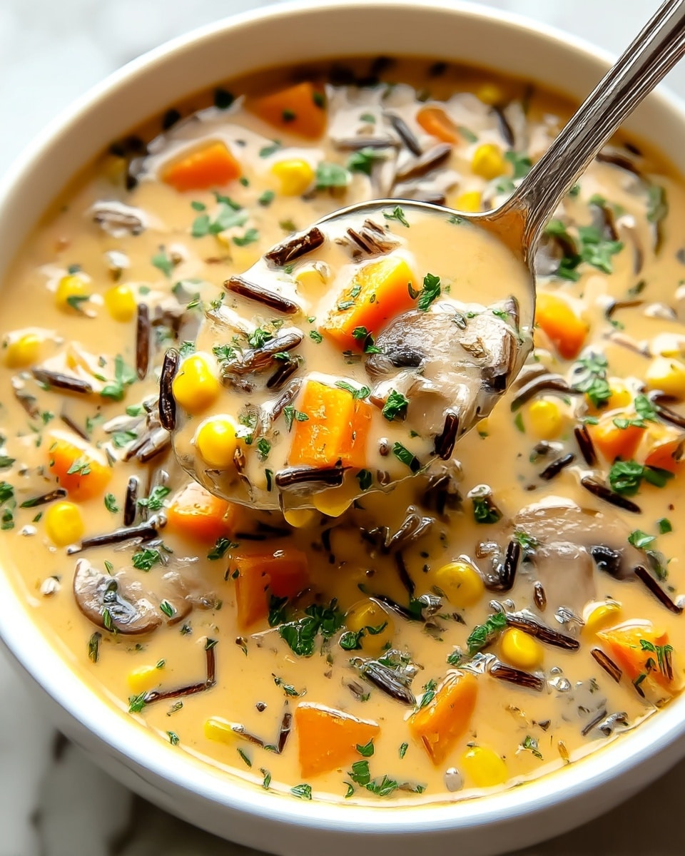 A white bowl filled with thick creamy soup that has a light orange color; inside the soup are many visible pieces including orange carrot cubes, yellow corn kernels, dark brown wild rice, and light brown mushroom slices, sprinkled with green herbs on top. A silver spoon is scooping the soup, showing the mixture clearly with smooth texture and chunky vegetables and rice. The bowl is placed on a white marbled surface, creating a clean and bright setting. Photo taken with an iphone --ar 4:5 --v 7