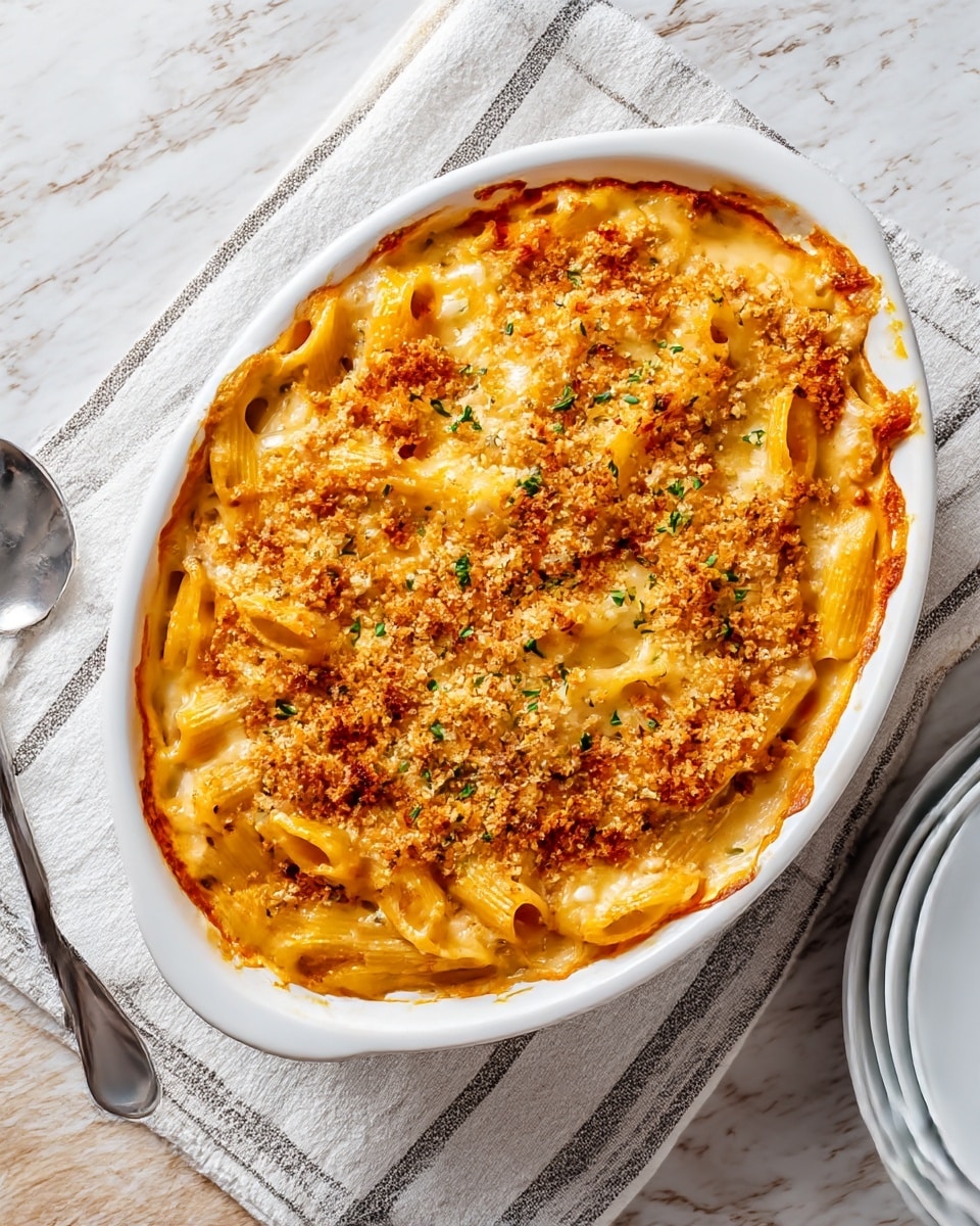 The image shows a creamy pasta bake in a white oval dish sitting on a white marbled textured surface. The visible layers include a thick sauce coating ridged pasta pieces, a golden-brown crispy breadcrumb topping scattered with small green herb flakes. The edges of the dish have slightly browned cheese that bubbled over during baking. Next to the dish is a silver spoon on a white and gray striped cloth with a stack of plain white round plates partially shown. The overall look is rich and cheesy with a mix of soft and crunchy textures. photo taken with an iphone --ar 4:5 --v 7