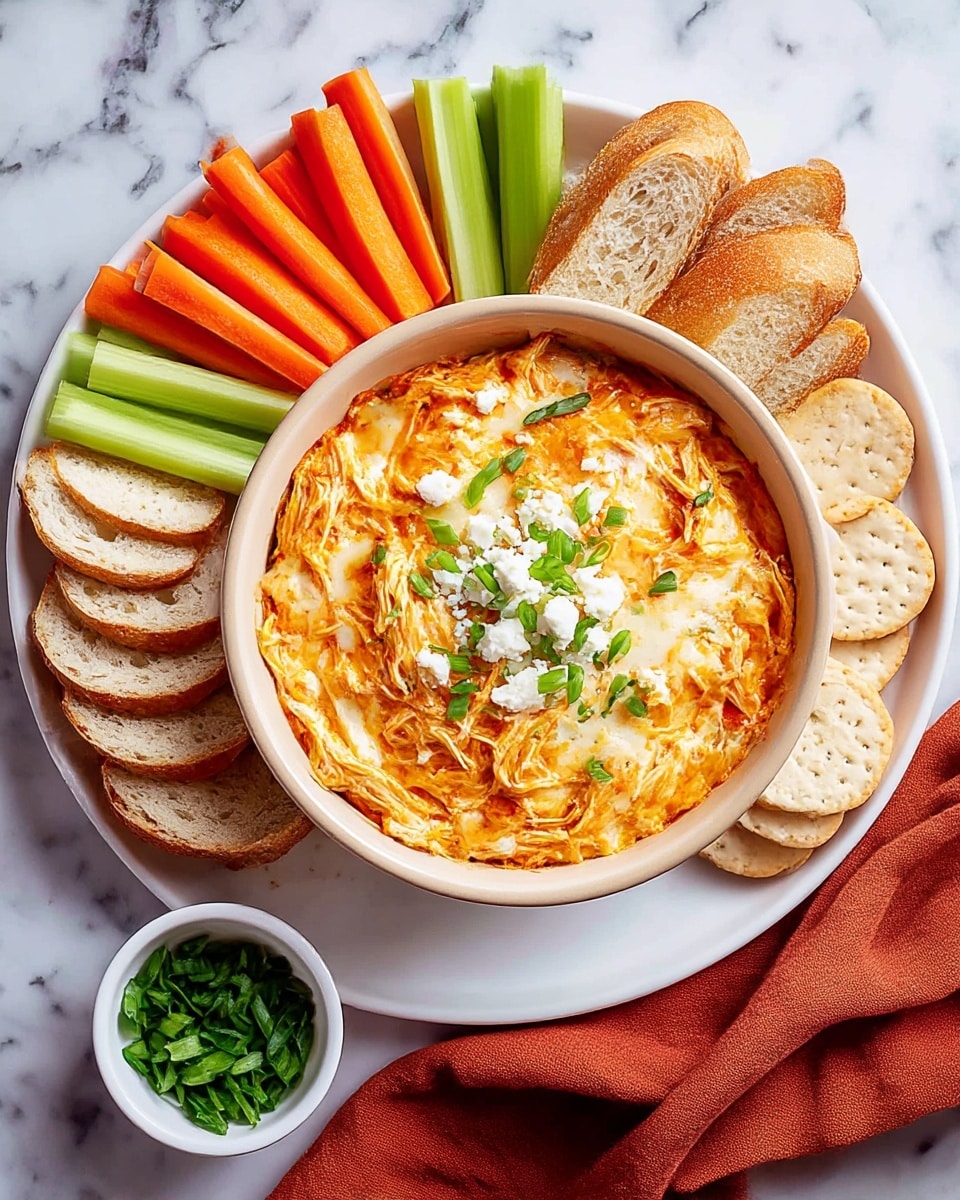 A round bowl filled with a creamy, shredded orange chicken dip topped with white cheese crumbles and green chive pieces sits in the center of a large white plate. Around the bowl, there are bright orange carrot sticks and light green celery sticks neatly arranged on the upper edge. On the left and right sides of the plate, toasted white bread slices with golden brown edges are placed in small stacks. A small white bowl with chopped green chives rests on the lower right side of the plate, and a textured burnt orange napkin is partially visible at the bottom. The whole setup sits on a white marbled surface. Photo taken with an iphone --ar 4:5 --v 7