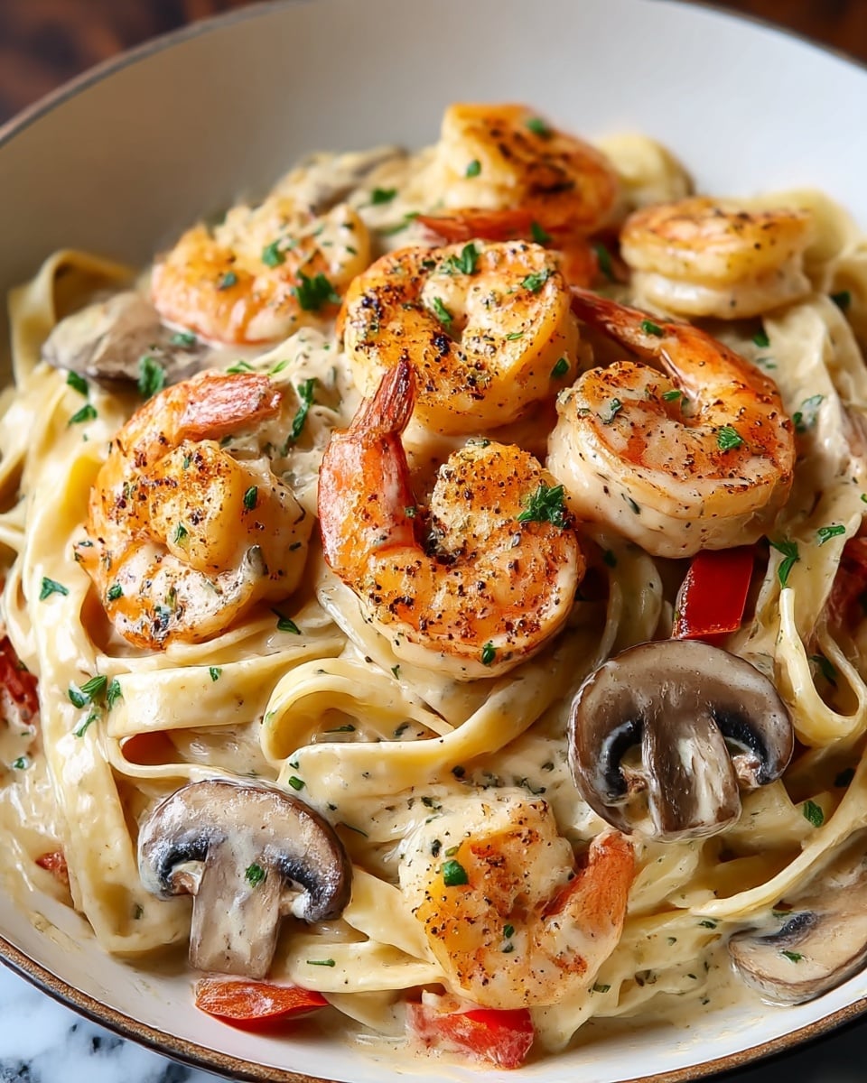 A close-up view of a white pan filled with creamy fettuccine pasta layered at the bottom in a smooth light beige sauce. On top, there are several orange-pink grilled shrimp with black pepper and small green parsley flakes scattered around. There are also thick, brown, cooked mushroom slices placed throughout the dish, along with small pieces of red bell pepper adding bright color contrast. The creamy sauce coats the pasta and ingredients evenly, creating a rich and textured meal. The photo is shot on a white marbled surface. Photo taken with an iphone --ar 4:5 --v 7
