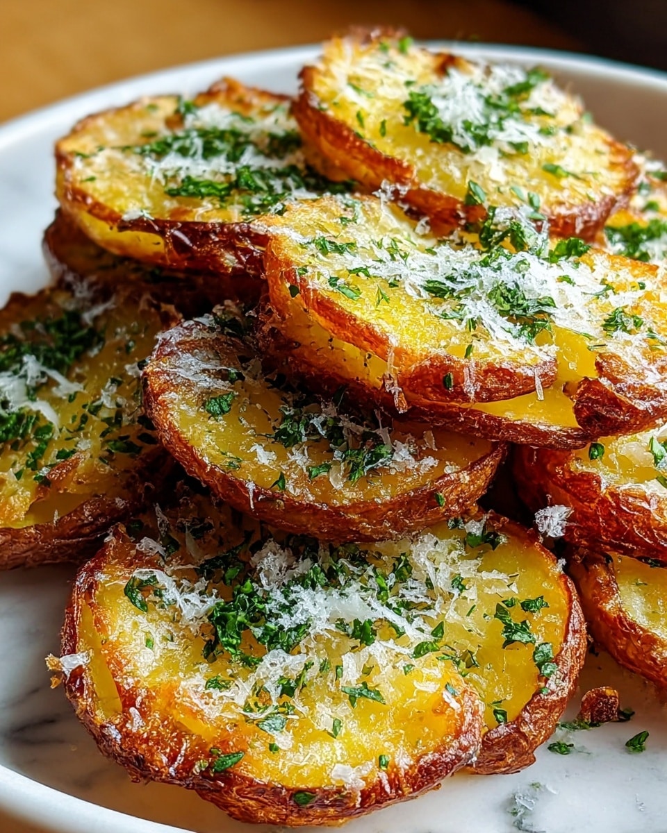 A close-up image of crispy smashed potatoes arranged in a stack on a white plate, each potato slice showing golden-brown edges with a slightly rough texture and soft yellow insides. On top of every slice, there is a sprinkle of finely chopped green herbs and small white flakes of grated cheese, adding contrast and freshness. The white marbled surface underneath subtly reflects light, enhancing the warm colors of the potatoes. photo taken with an iphone --ar 4:5 --v 7