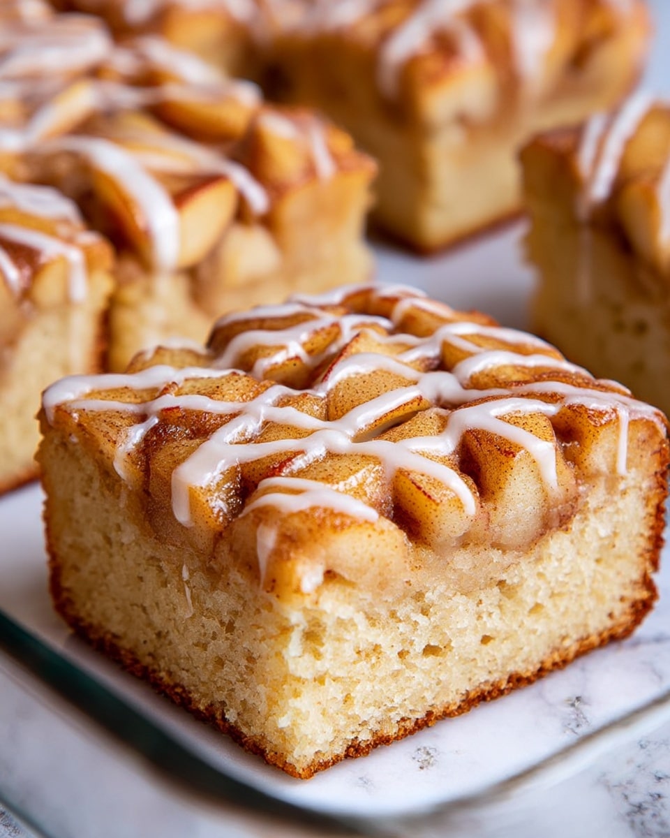 A square slice of apple cake sits in a clear glass pan on a white marbled surface. The cake has two visible layers: a soft, light golden-yellow sponge base, and a top layer of baked apple slices covered with a glossy cinnamon-brown glaze and drizzled with thin, uneven streaks of white icing. The texture of the apple pieces is slightly chunky and moist, blending with the smooth glaze. In the background, more slices of the same cake are slightly blurred, giving the image depth. photo taken with an iphone --ar 4:5 --v 7