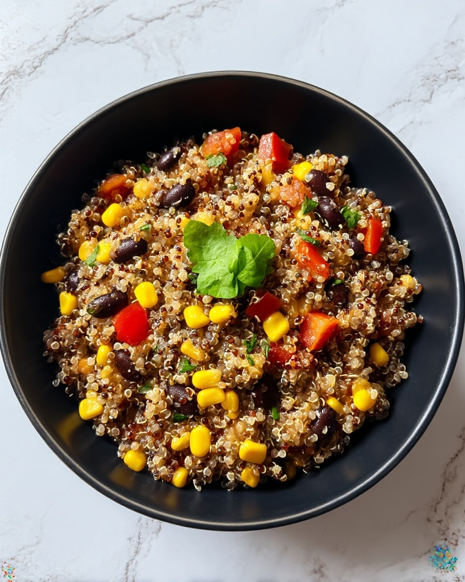 A black bowl filled with a colorful quinoa dish sitting on a white marbled surface. The dish has three clear layers, starting with a base of cooked quinoa showing white, black, and red grains mixed together with a soft, slightly creamy texture. The second layer includes bright yellow corn kernels and black beans evenly distributed across the quinoa, adding visual contrast. The top layer features chunks of red tomatoes and small pieces of green herbs sprinkled over the whole dish, giving fresh colors and a hint of brightness. A single larger green leaf is centered on top as a garnish. Photo taken with an iphone --ar 4:5 --v 7