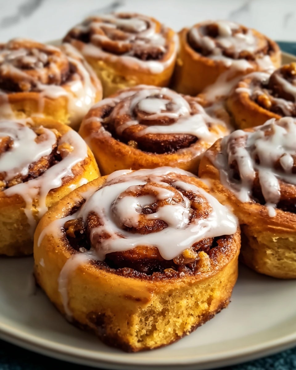 A close-up view of a plate filled with nine cinnamon rolls arranged closely together. Each roll has a golden brown, textured dough forming the base layer, spiraled tightly with a dark brown cinnamon filling visible in the swirls. The top of each roll is covered with a thin, uneven layer of white icing drizzled in circular patterns following the spiral shape. The rolls sit on a white plate with a smooth surface, placed on a white marbled texture. The image focuses on the front rolls, showing the soft and slightly crumbly texture of the dough and the shiny glaze of the icing. Photo taken with an iphone --ar 4:5 --v 7