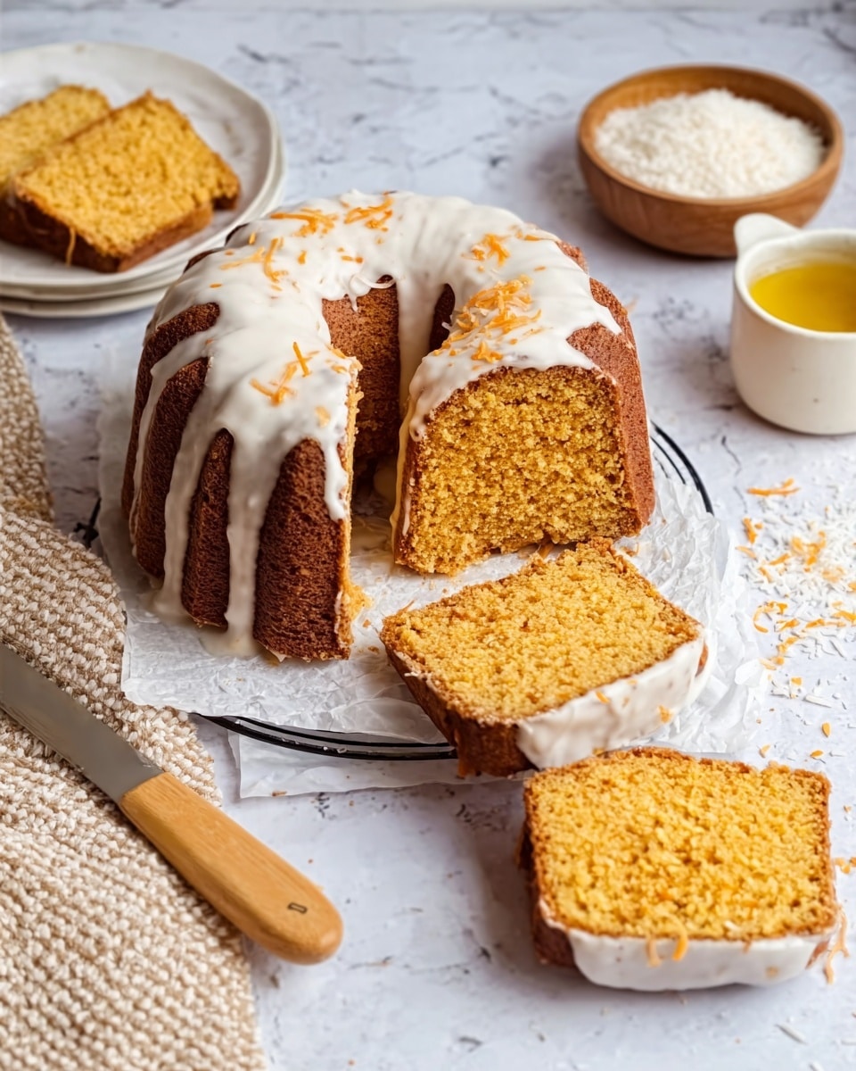 A loaf of pumpkin bread with two thick slices cut and laid in front on a wooden board lined with white parchment paper. The pumpkin bread is deep orange-brown with a moist, dense texture and topped with a crumble streusel layer covered in light brown glaze that drips down the sides. The light brown streusel is crumbly with small chunks scattered on the bread and board. To the left is a clear glass pitcher of orange juice and a white cloth napkin is casually placed on the right near a small white ceramic pitcher with a drip of glaze down the side. The surface beneath everything is a white marbled texture. Photo taken with an iphone --ar 4:5 --v 7