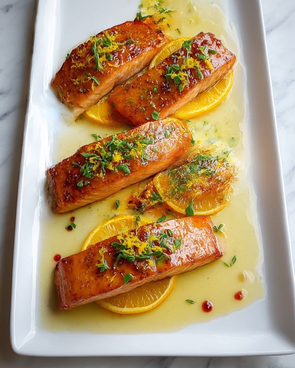 A rectangular white plate holds four pieces of cooked salmon, each with a shiny, golden-brown glazed surface and a slightly caramelized texture. Underneath each salmon piece is a thin round slice of bright orange, showing the juicy, translucent pulp. The salmon is topped with small bits of yellow zest and scattered green herb leaves, adding fresh pops of color. The plate is covered with a light, glossy sauce that pools around the fish, with a few small red drops adding contrast. The scene is set on a white marbled surface. photo taken with an iphone --ar 4:5 --v 7
