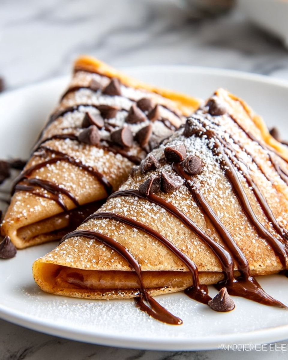 Two folded golden brown crepes are placed on a white plate with a white marbled background. Each crepe is folded into a triangle shape and drizzled with smooth, dark chocolate sauce in thin lines across the top. Small dark chocolate chips are scattered on and around the crepes. A light dusting of powdered sugar adds a slight white contrast to the warm tones of the crepes and chocolate. Photo taken with an iphone --ar 4:5 --v 7