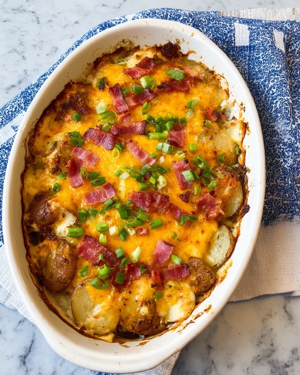 The dish is a layered baked casserole in a white ceramic oval dish. The top layer is melted golden-yellow cheddar cheese with a slightly crispy brown edge, scattered with pieces of pinkish-brown cooked bacon and bright green chopped scallions. Just beneath the cheese, there are visible round slices of browned potatoes with a crispy texture, layered evenly to cover the entire surface. The dish rests on a white marbled surface with a white cloth featuring blue check lines partially underneath it. photo taken with an iphone --ar 4:5 --v 7