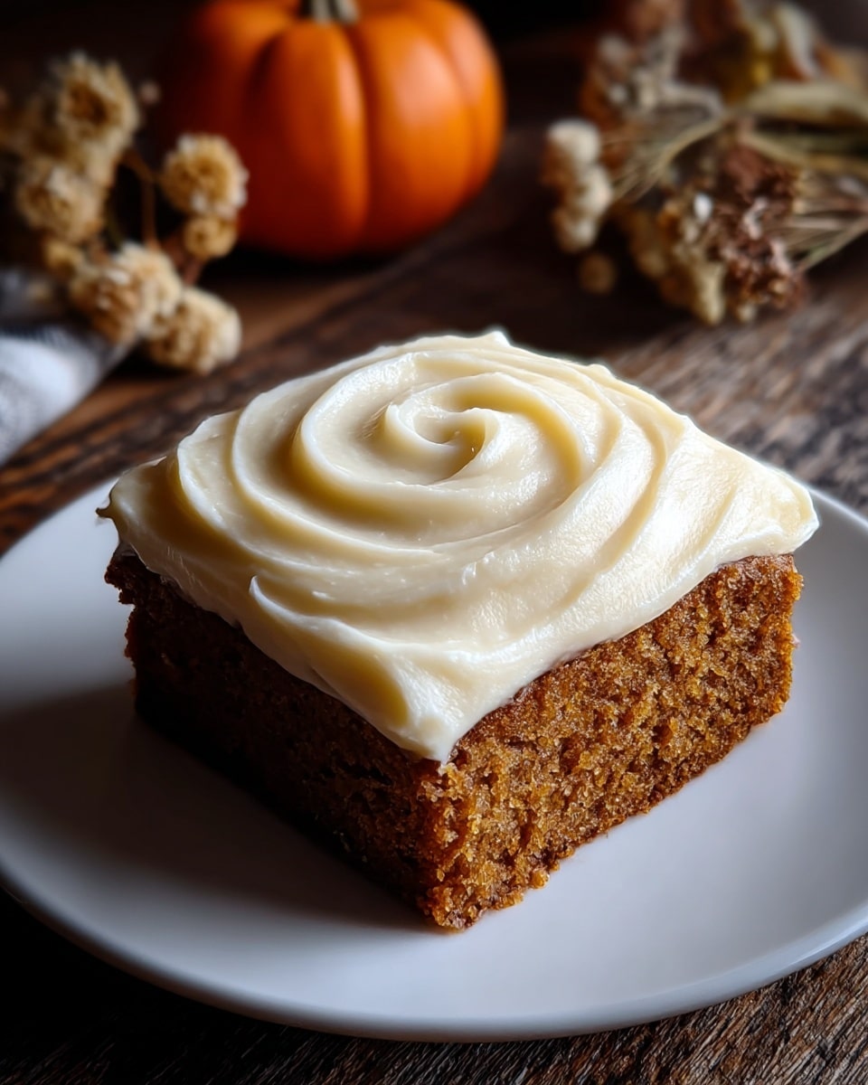 A single square piece of moist brown cake with a rough texture sits on a white plate. On top is a thick layer of creamy, beige frosting spread in a wide spiral pattern, giving it a smooth and swirled look. In the background, there are small orange pumpkins and dried flowers on a wooden surface. photo taken with an iphone --ar 4:5 --v 7