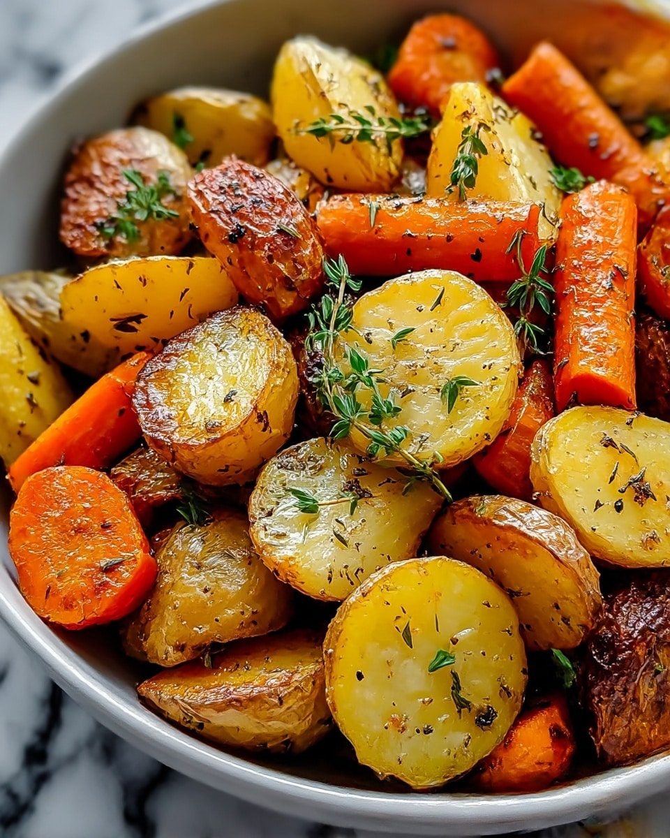 The image shows a close-up of a black bowl filled with roasted vegetables, mainly golden potato halves and thick slices of bright orange carrots, all lightly charred and seasoned with black pepper and herbs. The potatoes have a crispy, browned skin and a soft yellow interior, while the carrots have a caramelized surface and tender texture. Small green sprigs of herb, possibly thyme, are scattered across the dish, adding a fresh touch. The bowl sits on a white marbled surface. photo taken with an iphone --ar 4:5 --v 7