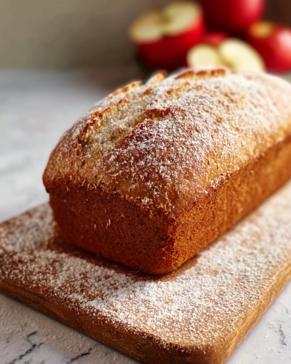 A loaf of brown bread with a golden crust sits on a wooden board dusted with white flour. The bread has a slightly rough texture, showing small air pockets and uneven edges, giving it a fresh, homemade look. The surface around the board is a white marbled texture. In the back, there are blurred red apples adding a soft color contrast. Photo taken with an iphone --ar 4:5 --v 7