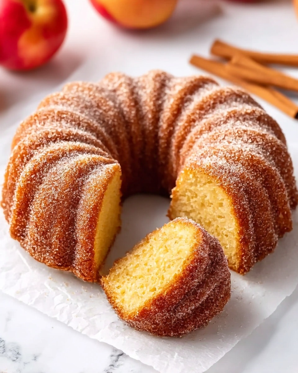 A bundt cake with a golden-brown crust covered in a layer of coarse sugar is placed on white parchment paper over a white marbled surface. One slice is cut and slightly pulled out, showing the soft, moist, yellow inside with a slightly crumbly texture. The cake has ridged, curved sides creating a ring shape with a hole in the center. In the background, there are blurred red apples and cinnamon sticks adding a warm, cozy feel. Photo taken with an iphone --ar 4:5 --v 7