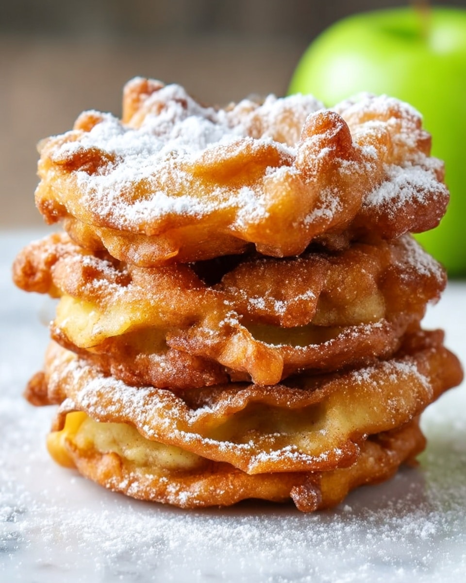 The image shows a stack of four golden-brown apple fritters dusted lightly with white powdered sugar. Each fritter is thick with a rough texture and slight crispness on the edges, revealing small pieces of apple embedded in the dough. The fritters are piled unevenly but neatly, placed on a white marbled surface that is also sprinkled with powdered sugar. In the background, there is a blurred, bright green apple adding a fresh contrast to the warm tones of the fritters. The photo taken with an iphone --ar 4:5 --v 7