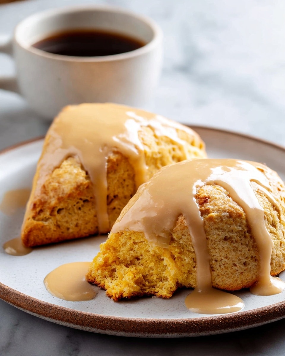 Two triangular golden-brown scones sit on a white plate with a slightly rough texture, each topped with smooth, light tan glaze that drips down the sides and pools at the base. The scones have a crumbly, soft interior visible where one is slightly broken, showing a warm yellowish-orange color. In the background, there is a white cup with dark coffee, placed on a white marbled surface. photo taken with an iphone --ar 4:5 --v 7