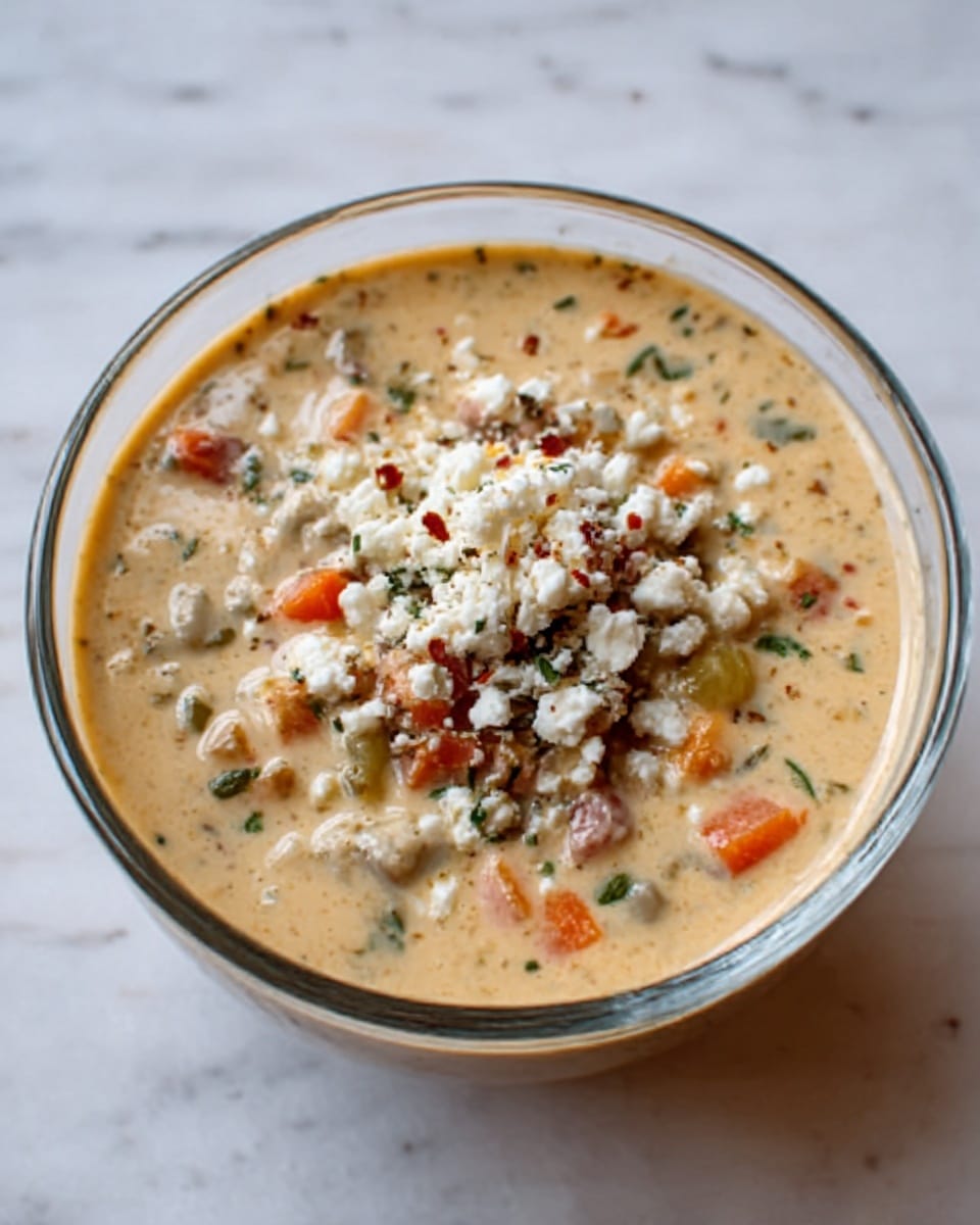 A clear glass bowl filled with thick creamy soup that has a light beige color with visible small chunks of vegetables and bits of red and green peppers throughout. The soup’s surface is topped with a generous layer of crumbled white cheese and small pieces of finely chopped red pepper, adding color contrast. The bowl sits on a white marbled surface, showing the soup’s rich textures and ingredients clearly. photo taken with an iphone --ar 4:5 --v 7