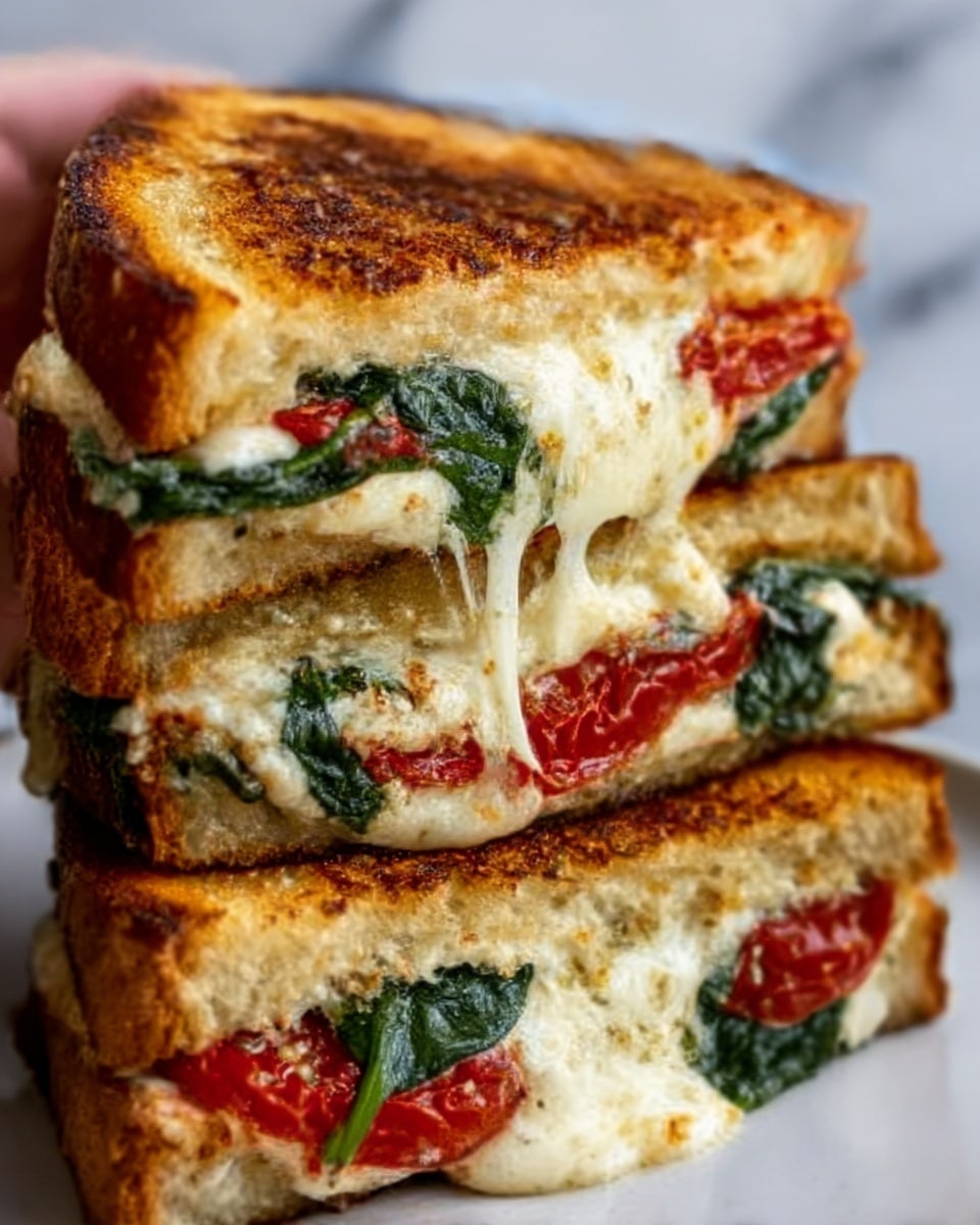 The image shows a stack of three grilled sandwiches on a white plate, each with a crispy golden-brown toasted crust. The sandwiches are cut in half, revealing melted white cheese oozing out along with bright red tomato slices and green spinach leaves. The bread has a rough, crunchy texture, and the layers inside look soft and gooey, with the cheese stringy between pieces. A woman's hand is holding the plate from the side, and the background is a white marbled surface. photo taken with an iphone --ar 4:5 --v 7