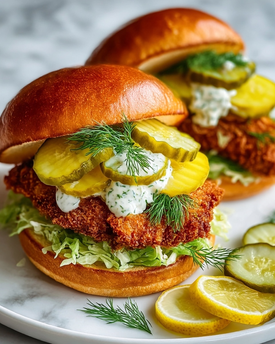 Two fried chicken sandwiches sit on a white plate over a white marbled surface. Each sandwich has a soft, shiny golden brown bun top with a smooth texture. The first layer inside the bun is fresh green shredded lettuce, followed by a large piece of crispy, golden brown fried chicken with a rough, crunchy texture. On top of the chicken are several slices of bright yellow pickle with wavy edges. Small dollops of white creamy sauce with green herb specks are placed on the pickles, and fresh, feathery green dill leaves rest on top. Next to the sandwiches on the plate are a few pickle slices and lemon wedges. photo taken with an iphone --ar 4:5 --v 7
