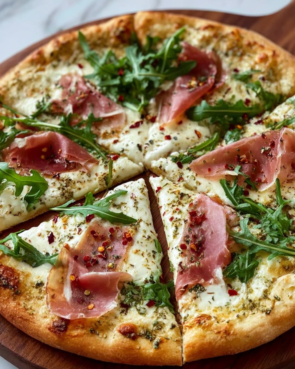 A pizza with a golden-brown crust forms the base layer, topped with a creamy white melted cheese layer that covers the whole pizza evenly. Thin pieces of pinkish prosciutto are spread on top in small slices, mixed with fresh green arugula leaves scattered lightly across the pizza. There are small red chili flakes and black pepper sprinkled over everything, giving colorful specks on the cheese and toppings. The pizza slices are visible, showing the texture of the crust and cheese, resting on a wooden board with a white marbled textured background. photo taken with an iphone --ar 4:5 --v 7